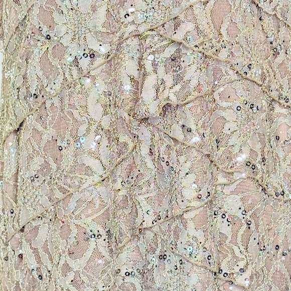 Scarlett Nite Floral Sheath Dress 8P Tan Gray Layered Lace Metallic Cap Sleeves - Picture 3 of 15